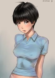 Rule 34 | 1girl, arms behind back, ayumu (zenkou), black hair, breasts, brown eyes, cleavage, covered erect nipples, dated, fang, highres, impossible clothes, impossible shirt, looking at viewer, orange eyes, original, parted lips, shiny skin, shirt, short hair, short sleeves, solo, taut clothes, taut shirt, zenkou