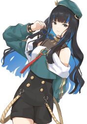Rule 34 | 1girl, bare shoulders, beret, black hair, black shorts, blue hair, bracelet, breasts, buttons, colored inner hair, double-breasted, eyeliner, fate/grand order, fate (series), green hat, green jacket, grey eyes, hat, jacket, jewelry, long hair, looking at viewer, makeup, multicolored hair, neck ring, o-ring, off shoulder, round eyewear, shorts, sidelocks, small breasts, sunglasses, tenochtitlan (fate), tenochtitlan (second ascension) (fate), thighs, unworn eyewear, wavy hair, yishan, zipper