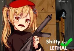 Rule 34 | artist name, beret, brown eyes, brown hair, bsapricot, english text, fake facial hair, fake mustache, girls&#039; frontline, hair ribbon, hat, highres, jewelry, ribbon, ring, solo, sten gun, sten mkii (girls&#039; frontline), sweater, twintails, twitter username