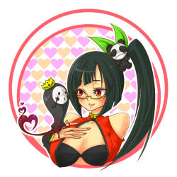 Rule 34 | 1girl, arakune, arc system works, bare shoulders, black hair, blazblue, blazblue: calamity trigger, bra, breasts, calpiko, china dress, chinese clothes, cleavage, dress, female focus, glasses, lao jiu, lingerie, litchi faye ling, long hair, ponytail, red eyes, solo, underwear, upper body, white background