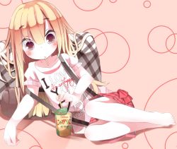 Rule 34 | 1girl, barefoot, blush, calbee (potato chips), clothes writing, english text, food in mouth, fujiwara gacho, long hair, mouth hold, plaid, plaid skirt, product placement, skirt, solo