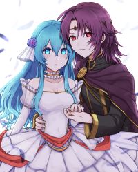 Rule 34 | 1boy, 1girl, ahoge, black jacket, blue eyes, breasts, cape, choker, circlet, cleavage, collarbone, couple, detached sleeves, dress, eirika (fire emblem), fire emblem, fire emblem: the sacred stones, flower, hair between eyes, hair flower, hair intakes, hair ornament, hand on another&#039;s hip, highres, jacket, long hair, long sleeves, looking at viewer, lyon (fire emblem), medium breasts, misato hao, nintendo, parted lips, purple cape, purple flower, purple hair, purple rose, red eyes, rose, see-through, sleeveless, sleeveless dress, strapless, strapless dress, very long hair, white background, white dress, white sleeves