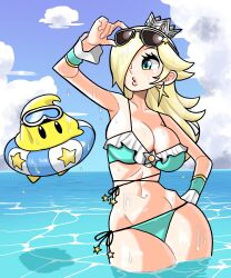 Rule 34 | 1girl, absurdres, bikini, blonde hair, blue eyes, breasts, bridal gauntlets, cleavage, cloud, crown, earrings, frilled bikini, frills, goggles, goggles on head, hair over one eye, hand on own hip, highres, innertube, jewelry, large breasts, long hair, luma (mario), mario (series), n k m, nintendo, ocean, outdoors, partially submerged, pink lips, pursed lips, rosalina, side-tie bikini bottom, solo, sunglasses on head, swim ring, swimming goggles, swimsuit, thick thighs, thighs, water, water drop, wet, wide hips
