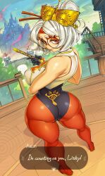 Rule 34 | 1girl, ass, bare shoulders, bridge, castle, flute, glasses, gofa, highres, instrument, looking at viewer, nintendo, purah, red eyes, sky, solo, stairs, the legend of zelda, the legend of zelda: tears of the kingdom, wood