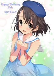 Rule 34 | 1girl, :d, beret, black hair, blue dress, blush, brown eyes, rabbit hair ornament, cake hair ornament, character name, collarbone, commentary request, dated, dress, food-themed hair ornament, hair ornament, hairclip, hands on own chest, happy birthday, hat, highres, idolmaster, idolmaster cinderella girls, looking at viewer, mitarashi kousei, neckerchief, open mouth, own hands together, redrawn, sailor collar, sasaki chie, short hair, signature, simple background, sleeveless, sleeveless dress, smile, solo, upper body