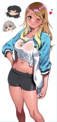 Rule 34 | 1girl, ;), arm at side, bike shorts, blonde hair, blush, breasts, brown hair, chibi, chibi inset, commentary request, dark-skinned female, dark skin, earrings, gradient hair, hand on own hip, heart, highres, idolmaster, idolmaster shiny colors, izumi mei, jacket, jewelry, large breasts, looking at viewer, mayuzumi fuyuko, midriff, multicolored hair, nail polish, navel, one eye closed, open clothes, open jacket, serizawa asahi, shiny skin, shirt, simple background, smile, solo, solo focus, sweat, tied shirt, track jacket, white background, yukieeeee