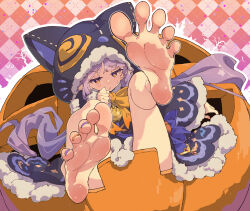 Rule 34 | 1girl, animal hood, barefoot, bell, blunt bangs, blush, bow, bowtie, closed mouth, commission, eyelashes, feet, feet up, foot focus, foreshortening, full body, fur trim, hand up, highres, hood, hood up, kyoka (halloween) (princess connect!), kyoka (princess connect!), legs, long hair, looking at viewer, nail polish, neck bell, orange nails, patterned background, princess connect!, purple hair, purple nails, skeb commission, soles, solo, spread toes, toenail polish, toenails, toes, ushiki yoshitaka, very long hair, wide sleeves, yellow bow, yellow eyes