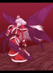 Rule 34 | 1girl, capelet, crorom, dress, fingerless gloves, flying, from side, fur trim, gloves, hair bobbles, hair ornament, letterboxed, long sleeves, multiple wings, profile, red dress, red gloves, santa costume, shinki (touhou), side ponytail, silver hair, touhou, touhou (pc-98), wings