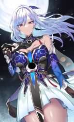 Rule 34 | 1girl, absurdres, bare shoulders, black gloves, blue sleeves, closed mouth, detached sleeves, full moon, gloves, high ponytail, highres, honkai: star rail, honkai (series), jingliu (honkai: star rail), long hair, moon, night, night sky, ponytail, red eyes, shirt, sky, solo, unworn blindfold, white hair, white shirt, yamato (muchuu paradigm)