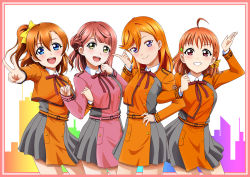Rule 34 | 4girls, ahoge, blush, chinese commentary, closed mouth, cowboy shot, framed image, gx9900wing, in-franchise crossover, kosaka honoka, locked arms, looking at viewer, love live!, love live! nijigasaki high school idol club, love live! school idol project, love live! sunshine!!, love live! superstar!!, lycoris recoil, lycoris uniform, mixed-language commentary, multiple girls, open mouth, parted lips, shibuya kanon, side ponytail, skirt, smile, standing, takami chika, teeth, trait connection, uehara ayumu, v
