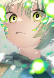 Rule 34 | 1girl, absurdres, aura, blast-7, blonde hair, commentary request, green eyes, grey scarf, highres, looking at viewer, medium hair, mizuhashi parsee, parted lips, portrait, scarf, signature, solo, touhou