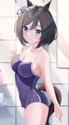 Rule 34 | 1girl, absurdres, animal ears, black hair, blue eyes, blue one-piece swimsuit, bob cut, breasts, cleavage, commentary, competition school swimsuit, cowboy shot, ear scrunchie, eishin flash (umamusume), hair between eyes, highres, horse ears, horse girl, horse tail, kaede (maple4rt), medium breasts, one-piece swimsuit, school swimsuit, scrunchie, short hair, smile, solo, swept bangs, swimsuit, tail, tile wall, tiles, tracen swimsuit, umamusume, white scrunchie