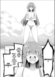 Rule 34 | 1girl, angry, bikini, bikini bottom only, blush, breasts, cloud, earnest flaming, eiyuu kyoushitsu, greyscale, large breasts, long hair, manga page, monochrome, nipples, non-web source, nude filter, ocean, open mouth, speech bubble, swimsuit, tagme, third-party edit, water