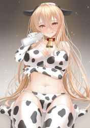Rule 34 | 1girl, :p, alternate costume, animal ears, animal print, arm under breasts, azur lane, bare shoulders, bell, blonde hair, blush, bottle, breasts, choker, cleavage, commentary request, commission, cow ears, cow print, cowbell, elbow gloves, fake animal ears, gekato, gloves, hair between eyes, heart, heart-shaped pupils, highres, implacable (azur lane), kneeling, large breasts, long hair, looking at viewer, milk, milk bottle, navel, pixiv commission, pouring, pouring onto self, red choker, smile, solo, stomach, symbol-shaped pupils, thighhighs, thighs, tongue, tongue out, yellow eyes