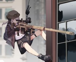Rule 34 | 1girl, absurdres, backpack, bag, black footwear, black gloves, black skirt, blurry, blurry background, bolt action, brown jacket, building, cheytac m200, closed mouth, collared shirt, commentary, day, depth of field, dress shirt, finger on trigger, gar32, girls&#039; frontline, gloves, grey hair, gun, hair between eyes, helmet, highres, holding, holding gun, holding weapon, jacket, long hair, m200 (girls&#039; frontline), one eye closed, open clothes, open jacket, outdoors, pleated skirt, purple eyes, rappelling, rifle, scope, shirt, shoes, skirt, sniper rifle, solo, weapon, white shirt, window