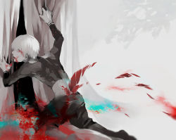 Rule 34 | 1boy, arm up, ass, black pants, black shirt, blood, blood from mouth, blood on face, bloody tears, clothing cutout, commentary request, from behind, gradient background, grey background, hand up, highres, kagune (tokyo ghoul), kaneki ken, koujima shikasa, long sleeves, looking at viewer, looking back, male focus, multicolored background, no shoes, pants, profile, red eyes, shirt, short hair, solo, tokyo ghoul