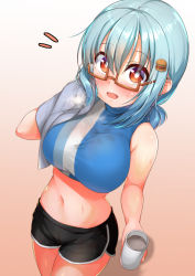 Rule 34 | 1girl, black shorts, blue sports bra, blush, borrowed character, breasts, breath, brown eyes, burger, burger hair ornament, coffee mug, commentary request, cup, drying, drying body, food, food-themed hair ornament, hair ornament, hairclip, hamburger-chan (nekoume), heavy breathing, large breasts, looking at viewer, low twintails, midriff, mug, navel, nose blush, open mouth, original, semi-rimless eyewear, short hair, short shorts, shorts, silver hair, solo, sports bra, striped, striped sports bra, sweat, taut clothes, to kifa, toned, towel, twintails, under-rim eyewear, vertical stripes