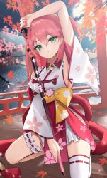 1girl arm_up breasts cherry_blossom_print floral_print green_eyes highres holding holding_sword holding_weapon hololive kneeling looking_at_viewer medium_breasts nontraditional_miko one_side_up outdoors parted_lips pink_hair sakura_miko sakura_miko_(1st_costume) sideless_kimono single_thighhigh solo sword thigh_scrunchie thighhighs thomas_8000 virtual_youtuber weapon white_thighhighs wide_sleeves