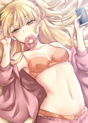 Rule 34 | 1girl, bare shoulders, bed sheet, blonde hair, bra, breasts, cellphone, cleavage, clothes pull, collarbone, green eyes, hair ornament, hair scrunchie, half-closed eyes, holding, holding phone, idolmaster, idolmaster cinderella girls, jougasaki rika, long hair, long sleeves, looking at viewer, lying, medium breasts, mouth hold, navel, off shoulder, on back, one side up, open clothes, open shirt, orange bra, orange panties, panties, phone, pink scrunchie, pink shirt, polka dot, polka dot bra, polka dot panties, random (ningen modoki), scrunchie, unworn scrunchie, shirt, shorts, shorts pull, smartphone, smile, solo, stomach, tsurime, tying hair, underwear, upper body
