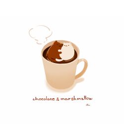 Rule 34 | :3, cat, chai (drawingchisanne), cup, english text, food, food focus, hot chocolate, hug, marshmallow, mug, no humans, original, signature, simple background, steam, white background