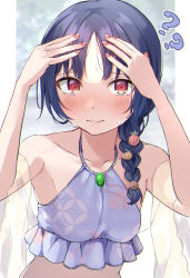 Rule 34 | 1girl, ?, ??, armpits, arms up, bare arms, bare shoulders, bikini, black hair, blue bikini, blush, braid, breasts, brown flower, closed mouth, collarbone, commentary request, flower, hair flower, hair ornament, hair over shoulder, highres, idolmaster, idolmaster shiny colors, long hair, looking at viewer, morino rinze, nail polish, parted bangs, red eyes, red nails, see-through, shaka (staito0515), single braid, small breasts, solo, sweat, swimsuit, upper body, yellow flower