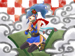 Rule 34 | 1girl, black sash, black thighhighs, blue hair, blue kimono, blunt bangs, breasts, brown hair, commentary request, flower, full body, hair flower, hair ornament, high ponytail, japanese clothes, kimono, kneeling, kuji-in, long hair, medium bangs, mouth hold, ninja, ninja (ragnarok online), ragnarok online, red flower, red scarf, sash, scarf, scroll tube, sidelocks, sleeveless, sleeveless kimono, small breasts, solo, thighhighs, umaruzo, vambraces, whorled clouds