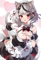 Rule 34 | 1girl, alternate costume, animal ears, apron, bad id, bad pixiv id, blush, bow, bowtie, breasts, cat ears, cat tail, cleavage, commentary request, detached collar, detached sleeves, dress, enmaided, frills, grey hair, hand on own hip, hand up, highres, hololive, large breasts, leaning forward, looking at viewer, maid, maid apron, maid headdress, masyu jyaga, medium hair, nail polish, open mouth, plaid, plaid bow, plaid bowtie, red eyes, red nails, sakamata chloe, solo, sweatdrop, tail, virtual youtuber, wrist cuffs