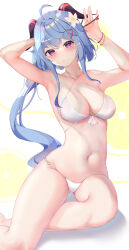 Rule 34 | 1girl, absurdres, ahoge, arms up, bikini, blue hair, blush, breasts, commentary, flower, ganyu (genshin impact), genshin impact, goat horns, groin, hair flower, hair ornament, hairclip, highres, horns, looking at viewer, medium breasts, navel, open mouth, purple eyes, sitting, solo, stomach, swimsuit, thighs, usagi poi, white bikini, white flower