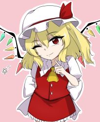 Rule 34 | 1girl, ;), ascot, bad id, bad pixiv id, blonde hair, closed mouth, crystal, erakokyu01, flandre scarlet, hat, hat ribbon, looking at viewer, medium hair, mob cap, one eye closed, one side up, outline, pink background, pointing, pointing at self, red eyes, red ribbon, red skirt, red vest, ribbon, short sleeves, simple background, skirt, smile, solo, touhou, vest, white hat, white outline, wings, yellow ascot