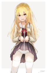Rule 34 | 10s, 1girl, aho girl, artist name, black skirt, blonde hair, blush, brown eyes, brown shirt, clothes lift, cowboy shot, date (mamanonamaebot), gluteal fold, grey background, hair between eyes, highres, lifting own clothes, long hair, long sleeves, looking at viewer, open mouth, panties, pleated skirt, school uniform, shirt, signature, skirt, skirt lift, smile, solo, sumino sayaka, thighhighs, thighs, underwear, white panties, white thighhighs