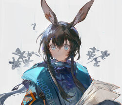 Rule 34 | 1girl, ?, amiya (arknights), animal ears, aona (ns), arknights, ascot, blue ascot, blue collar, blue jacket, clothes writing, collar, commentary, hair between eyes, holding, holding paper, jacket, long sleeves, looking at viewer, open clothes, open jacket, paper, rabbit ears, rabbit girl, sidelocks, simple background, sleeves past fingers, sleeves past wrists, solo, symbol-only commentary, upper body, white background