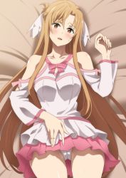 Rule 34 | 1girl, asuna (sao), asuna (stacia), bare shoulders, bed, bed sheet, blush, braid, breasts, brown eyes, brown hair, collarbone, commentary request, cowboy shot, crown braid, dress, female focus, fingernails, gluteal fold, hair ornament, half-closed eyes, hand up, hara (harayutaka), highres, long fingernails, long hair, looking at viewer, lying, on back, on bed, open mouth, panties, pantyshot, pussy juice, shiny skin, solo, sweat, sword art online, sword art online: alicization, sword art online: alicization - war of underworld, thighs, underwear, white dress, white panties
