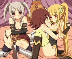 Rule 34 | 3girls, bad id, bad pixiv id, bed, bikini, bikini top only, blonde hair, boots, breasts, brown hair, cleavage, elbow gloves, fingerless gloves, gloves, grey hair, highres, large breasts, long hair, md5 mismatch, multiple girls, official art, ponytail, red eyes, short hair, smile, swimsuit, thighhighs, tonee, tora no tsubasa, twintails, very long hair, yuri