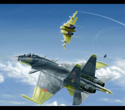 Rule 34 | ace combat, ace combat 04, aerial battle, aircraft, airplane, battle, cloud, contrail, day, emblem, fighter jet, flying, jet, kcme, letterboxed, military, military vehicle, missile, no humans, pilot, su-37, vehicle focus, yellow 4