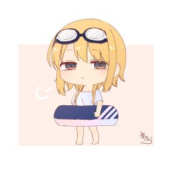 Rule 34 | 1girl, barefoot, big head, blonde hair, blue shirt, blush, brown background, brown eyes, chibi, closed mouth, full body, goggles, goggles on head, half-closed eyes, highres, holding, holding swim ring, innertube, looking at viewer, multicolored hair, original, shirt, short sleeves, sidelocks, signature, sofra, solo, standing, swim ring, two-tone hair, white background, wide sleeves