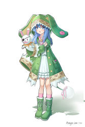 Rule 34 | 1girl, :o, absurdres, animal hat, aniya froh, artist name, blue eyes, blue hair, blush, boots, date a live, dated, eyepatch, green footwear, green jacket, hand puppet, hat, highres, jacket, long hair, looking at viewer, pink legwear, pocket, puppet, rabbit hat, rubber boots, solo, tail, white background, yoshino (date a live)