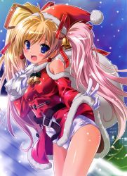 Rule 34 | 1girl, :d, absurdres, bare shoulders, bell, blonde hair, blue eyes, blush, christmas, earrings, food-themed earrings, gloves, hagano ichigo, hair bell, hair ornament, hair ribbon, hat, highres, holding, jewelry, komatsu eiji, long hair, looking at viewer, multicolored hair, one-piece swimsuit, open mouth, original, outline, pink hair, ribbon, sack, santa hat, scan, school swimsuit, smile, solo, swimsuit, swimsuit under clothes, twintails, white gloves, white school swimsuit, white one-piece swimsuit