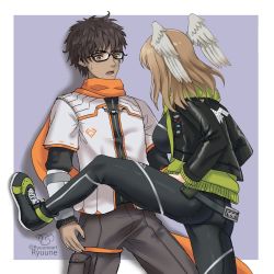 Rule 34 | 1boy, 1girl, against wall, ass, black hair, bodysuit, breasts, brown eyes, brown hair, dark skin, eunie (xenoblade), from behind, glasses, hands in pockets, head wings, highres, jacket, medium breasts, medium hair, open mouth, pants, ryuune, ryuuneart, scarf, shiny clothes, short hair, sideboob, sweatdrop, taion (xenoblade), wings, xenoblade chronicles (series), xenoblade chronicles 3