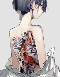 Rule 34 | 1girl, back, back tattoo, bad id, bad twitter id, bare back, blue hair, blunt ends, brown eyes, earrings, female focus, from behind, grey background, hair behind ear, highres, irezumi, jewelry, off shoulder, original, parted lips, short hair, sideways glance, simple background, solo, tattoo, upper body, yoko (nz g)
