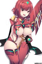 Rule 34 | 1girl, alternate costume, areola slip, bad id, bad pixiv id, breasts, cleavage, ddangbi, gem, headpiece, holding, holding sword, holding weapon, jewelry, large breasts, looking at viewer, nintendo, open mouth, pyra (xenoblade), red eyes, red hair, short hair, sitting, smile, solo, sword, thighhighs, tiara, weapon, xenoblade chronicles (series), xenoblade chronicles 2