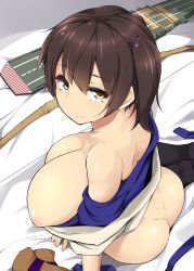 Rule 34 | 10s, 1girl, ass, bow (weapon), breasts, brown hair, from above, from behind, highres, huge breasts, japanese clothes, kaga (kancolle), kantai collection, large breasts, looking at viewer, md5 mismatch, mikage kirino, nipples, partially undressed, personification, ponytail, side ponytail, solo, weapon, yellow eyes