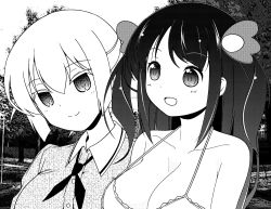 Rule 34 | 2girls, bare shoulders, blush, breasts, buttons, cleavage, dithering, greyscale, hair ornament, happy, head tilt, kainou yoshiko, large breasts, light smile, long hair, looking at another, mizuhara hayari, monochrome, multiple girls, nonohachi, outdoors, parted bangs, photo background, saki (manga), smile, strap gap, upper body