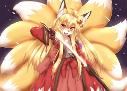 Rule 34 | 1girl, :3, ahoge, animal ear fluff, animal ears, animal nose, arm up, back bow, bell, blonde hair, blush, body fur, bow, embers, fang, female focus, flaming weapon, flat chest, fox ears, fox girl, fox tail, furry, furry female, grey shirt, hair bell, hair between eyes, hair ornament, hakama, haori, happy, highres, holding, holding sword, holding weapon, horokusa (korai), japanese clothes, jingle bell, katana, kitsune, kyuubi, long hair, long sleeves, looking at viewer, multiple tails, open clothes, open mouth, orange eyes, original, purple background, red hakama, sheath, shirt, sidelocks, simple background, smile, solo, standing, sword, tail, two-tone fur, unsheathing, very long hair, weapon, white fur, wide sleeves, yellow fur