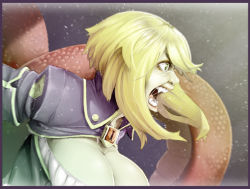 Rule 34 | 1girl, angry, blonde hair, border, breasts, cleavage, cleavage cutout, clothing cutout, commentary, fangs, from side, green eyes, icti (materclaws), jacket, lamia, large breasts, materclaws, monster girl, open mouth, original, short hair, short hair with long locks, sidelocks, solo, upper body