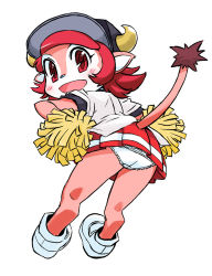 Rule 34 | 1girl, ass, baseball jersey, buffalo bell, furry, furry female, gloves, hat, horns, jersey, looking back, mascot, muramasa mikado, nippon professional baseball, open mouth, orix buffaloes, panties, pantyshot, pink hair, pleated skirt, pom pom (cheerleading), red eyes, red hair, short hair, simple background, skirt, smile, solo, tail, underwear, upskirt, white panties