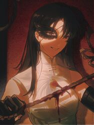 1girl black_gloves black_hair black_ibis_(reverse:1999) black_mask breasts elbow_gloves eye_mask gloves grin half_mask hand_up highres holding holding_rope komeokun long_hair looking_at_viewer mask medium_breasts portrait red_background reverse:1999 rope shadow shirt sleeveless sleeveless_shirt smile solo teeth white_shirt