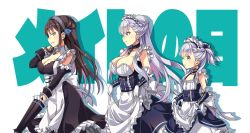 Rule 34 | 3girls, apron, azur lane, little bel (azur lane), belfast (azur lane), black hair, blue eyes, breasts, cleavage, collar, collarbone, commentary request, gloves, highres, hihiirokane m, large breasts, long hair, looking at viewer, looking to the side, maid, maid apron, maid day, maid headdress, multiple girls, newcastle (azur lane), purple eyes, remodel (azur lane), silver hair, translation request