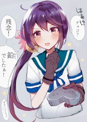 Rule 34 | 1girl, akebono (kancolle), akebono kai ni (kancolle), bell, blue sailor collar, brown gloves, commentary request, flower, gloves, hair bell, hair flower, hair ornament, heart, highres, holding, kantai collection, long hair, purple eyes, purple hair, qqqmei, sailor collar, school uniform, serafuku, short sleeves, side ponytail, solo, steel, translation request, upper body, very long hair