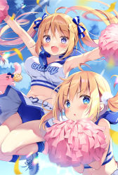 Rule 34 | &gt; &lt;, 2girls, :d, :o, armpits, bare arms, bare shoulders, belt, belt buckle, blonde hair, blouse, blue buruma, blue eyes, blue sky, blush, bow, breasts, buckle, buruma, cheerleader, clothes lift, cloud, cloudy sky, commentary request, confetti, crop top, day, fang, hair between eyes, hair bow, heart, heart-shaped buckle, holding, long hair, medium breasts, midair, midriff, multiple girls, navel, open mouth, original, outdoors, pan (mimi), parted lips, pleated skirt, pom pom (cheerleading), purple eyes, shirt, shoes, skirt, skirt lift, sky, sleeveless, sleeveless shirt, smile, socks, striped, striped bow, stuffed animal, stuffed rabbit, stuffed toy, twintails, very long hair, white belt, white footwear, white legwear, white shirt, white skirt
