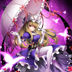 Rule 34 | 1girl, blonde hair, bow, breasts, bug, butterfly, corset, dress, elbow gloves, gap (touhou), garter straps, gloves, hair bow, hat, insect, janne cherry, long hair, purple eyes, red eyes, ribbon, smile, solo, thighhighs, touhou, umbrella, white thighhighs, yakumo yukari